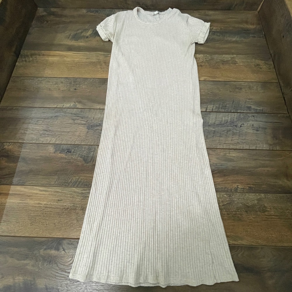 American Eagle Ribbed Knit Maxi Dress Oatmeal Beige Short Sleeve Crew Neck Small